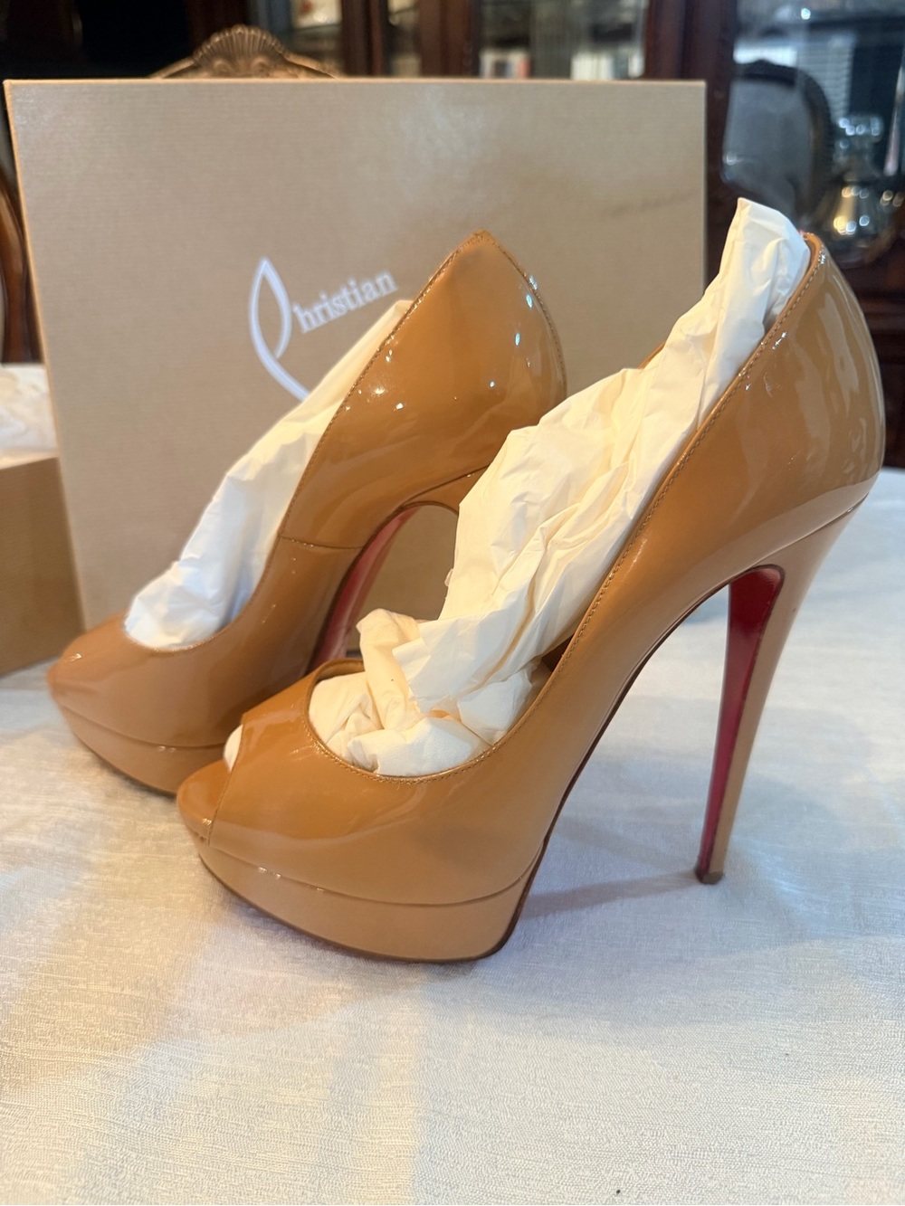 Christian Louboutin Nude Patent Peep-Toe Platform Pumps with Red Soles